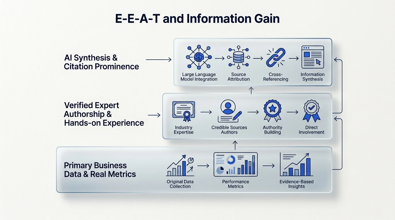 Зв'язок E-E-A-T та Information Gain у ранжуванні AI Overviews