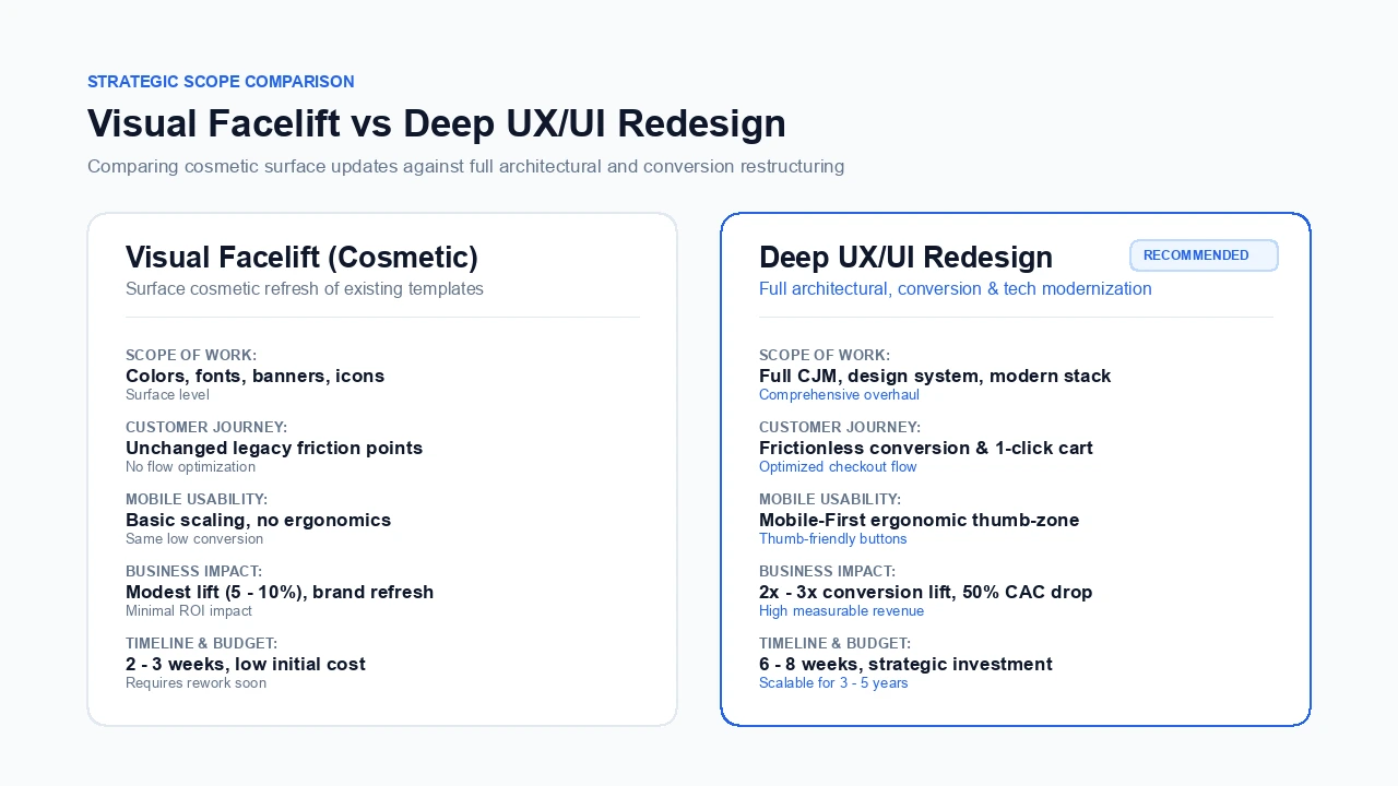 Порівняння обсягу робіт та ROI: косметичний фейсліфтинг проти глибокого UX/UI редизайну